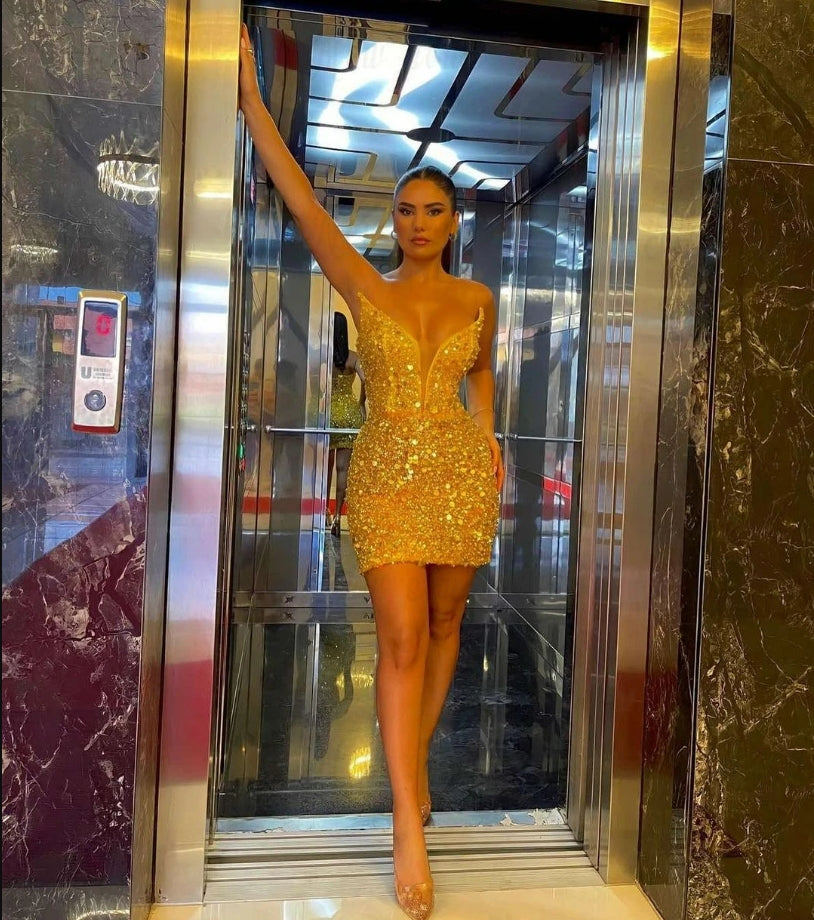 Gold Beaded Sequins Short Prom Dress Deep V Neck Cocktail Party Gowns Custom Made Graduation Homecoming Dresses Prom Gowns