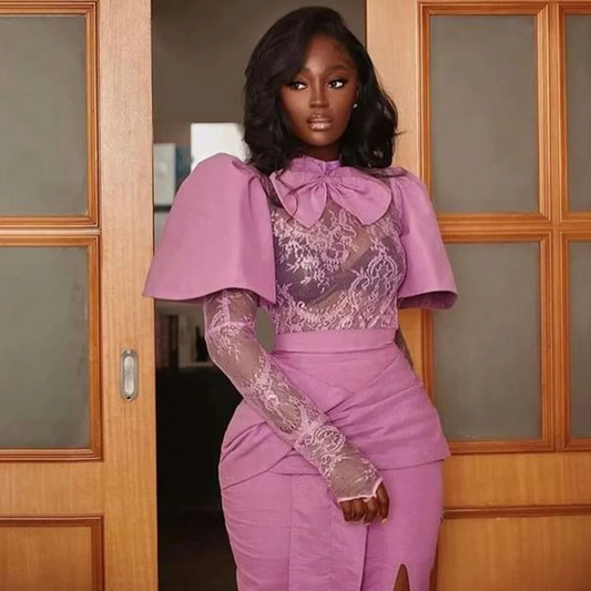 Aso Ebi Evening Dresses With Biw Side Slit Puffy Lace Long Sleeves Prom Dress Tea Length Aso Ebi Party Dress To New Year