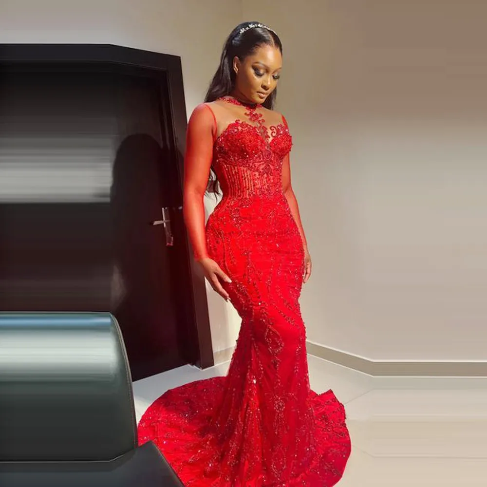 Red Sexy Prom Dresess For African Women Illusion Long Sleeves Lace Mer