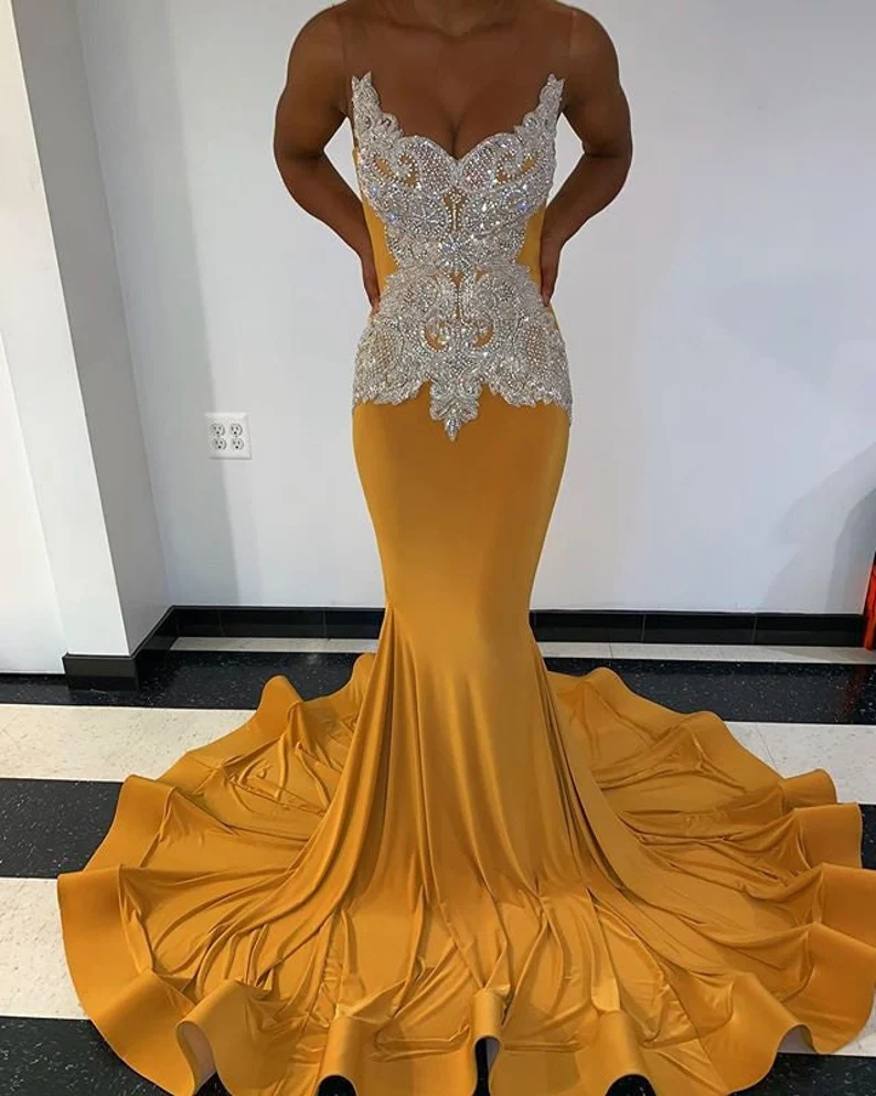 Yellow Prom Dresses Luxurious crystal sheer tulle prom dresses sleevel ...