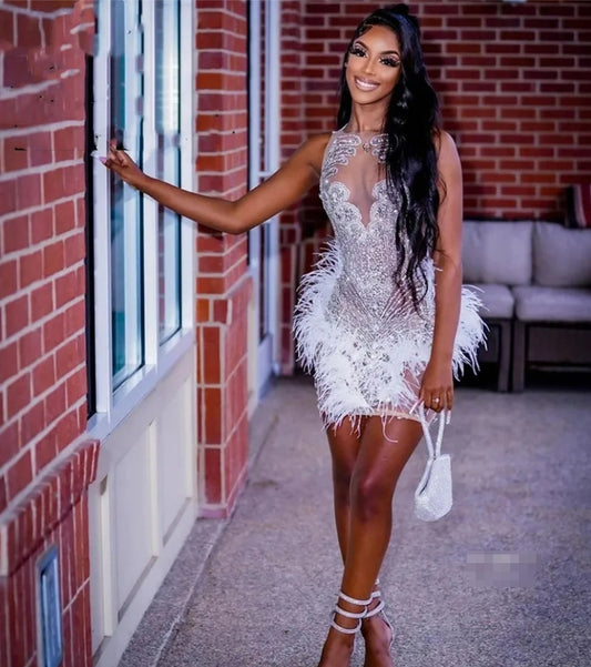 Crystal Short Prom Dresses White Feathers For Black Girls Rhinestions Birthday Party Gowns Cocktail Home