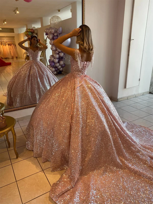 Pink Princess Quinceanera Dresses Ball Gown Off The Shoulder Sequins Pearls Sweet 16 Dresses 15 Años Custom
