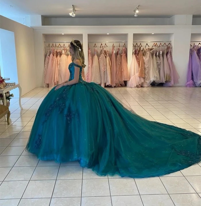 Teal Blue Princess Quinceanera Dresses Ball Gown Off The Shoulder