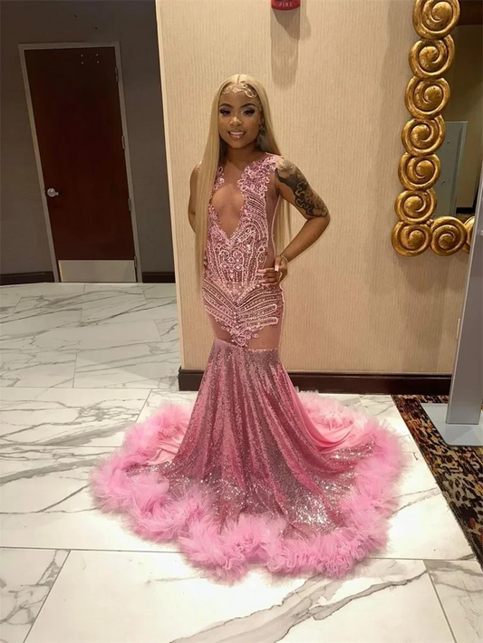 Sparkly Pink Diamond Crystals Mermaid Prom Dresses For Black Girls Beading Sequins Long Elegant Birthday Party Gown