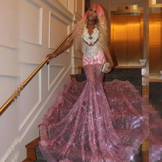 Sexy See Through Prom Dresses For Women Sequin Rhinestone Mermaid Party Gowns Black Girls Crystal Tassel