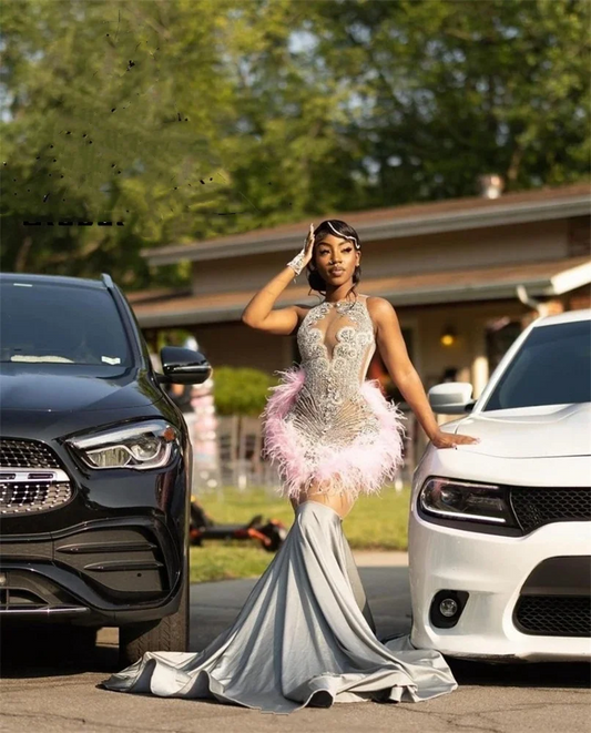 Silver O Neck Long Prom Dress For Black Girls Beaded Crystal Birthday Party Dresses Pink Feathers Evening Gown
