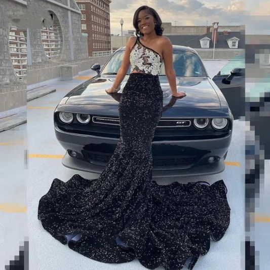 Sexy One Shoulder Sequin Prom Dresses For Black Girls Mermaid Evening Gowns Rhinestone