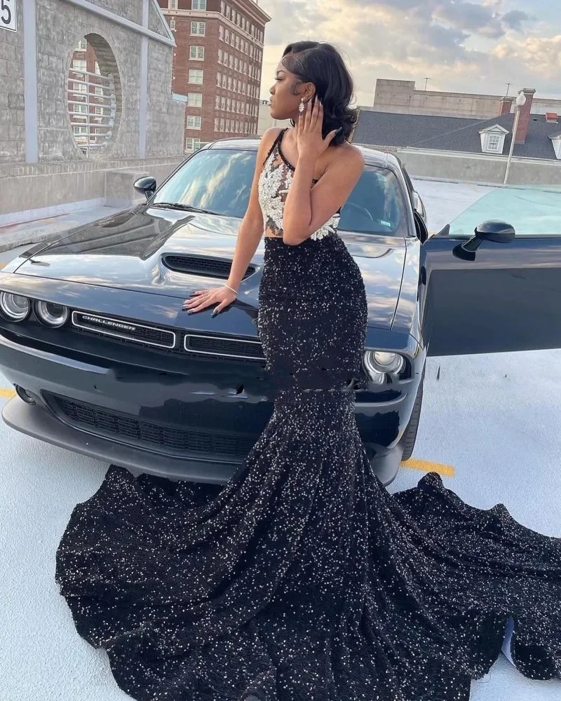 Sexy One Shoulder Sequin Prom Dresses For Black Girls Mermaid Evening Gowns Rhinestone