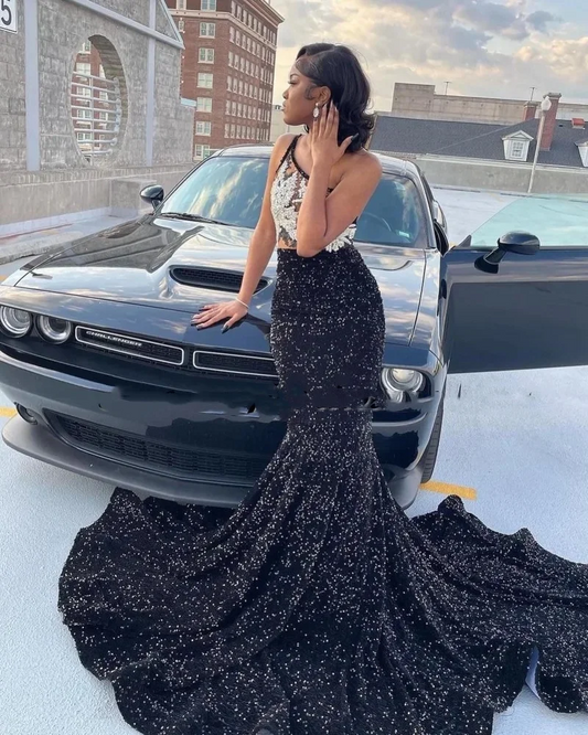Sexy One Shoulder Sequin Prom Dresses For Black Girls Mermaid Evening Gowns Rhinestone