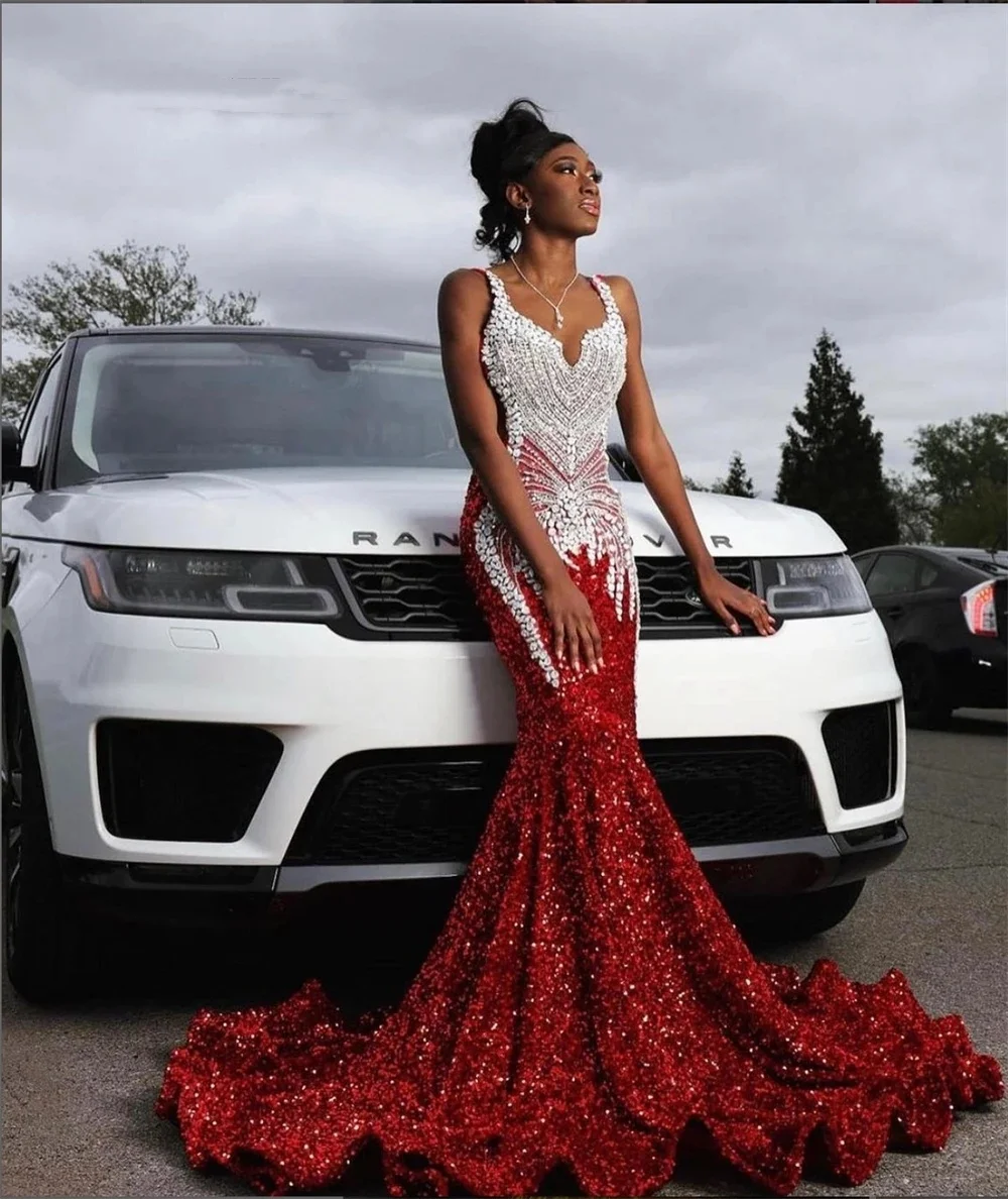 Luxury Red Sequins Mermaid Prom Dresses For Black Girl Sheer Neck Beades Plus Size Formal Evening Occasion Gowns