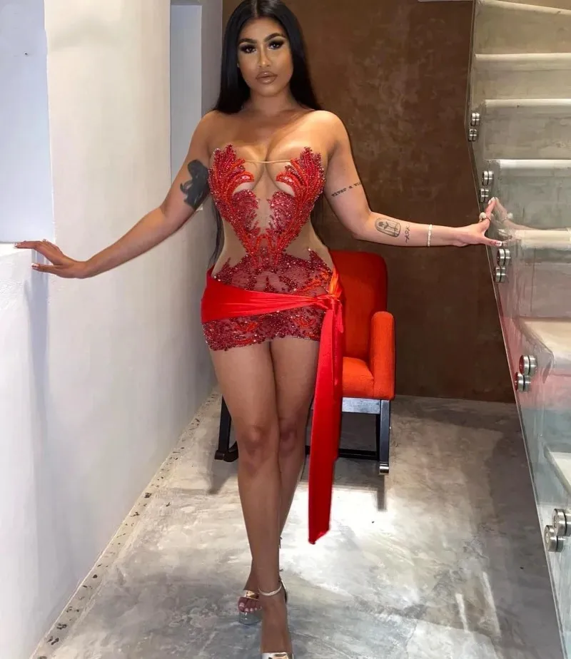 Sexy Red Sequins Beaded Short Cocktail Party Gowns Strapless Lace Beaded Plus Size Mini Birthday Party Gowns For Black Girl