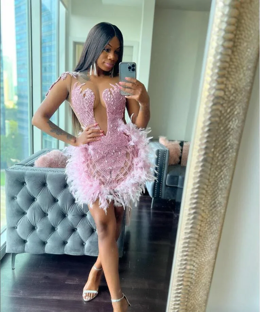 pink Short Prom Dress For Black Girls Beaded Evening Gown Feathers Birthday Party Gowns Mermaid