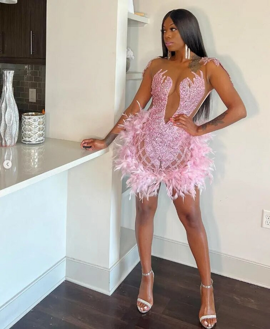 pink Short Prom Dress For Black Girls Beaded Evening Gown Feathers Birthday Party Gowns Mermaid