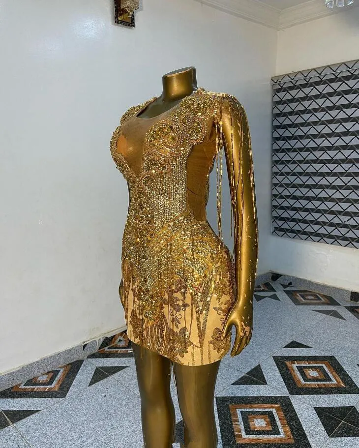 Sparkly Gold Short Black Girl Prom Dress for Women Luxury Diamond Crystal Tassel Gillter Birthday Homecoming Gown