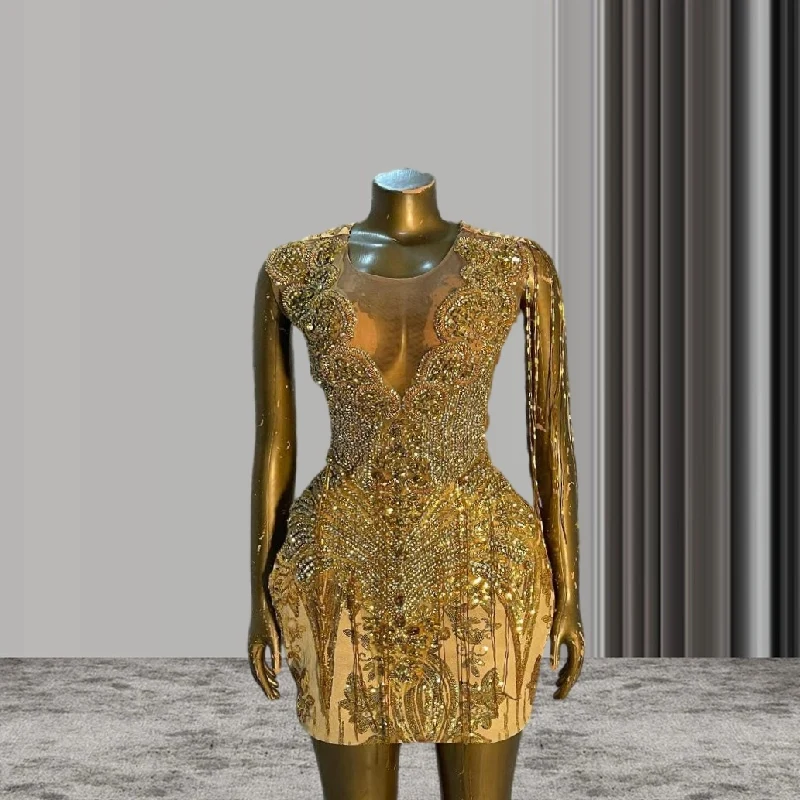 Sparkly Gold Short Black Girl Prom Dress for Women Luxury Diamond Crystal Tassel Gillter Birthday Homecoming Gown