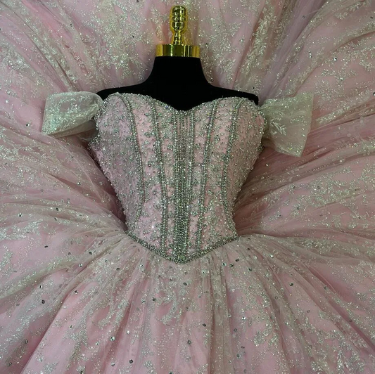Pink Sparkly Diamonds Quinceanera Dresses Off Shoulder Puffy Skirt Big Bow Princess Sweet 15
