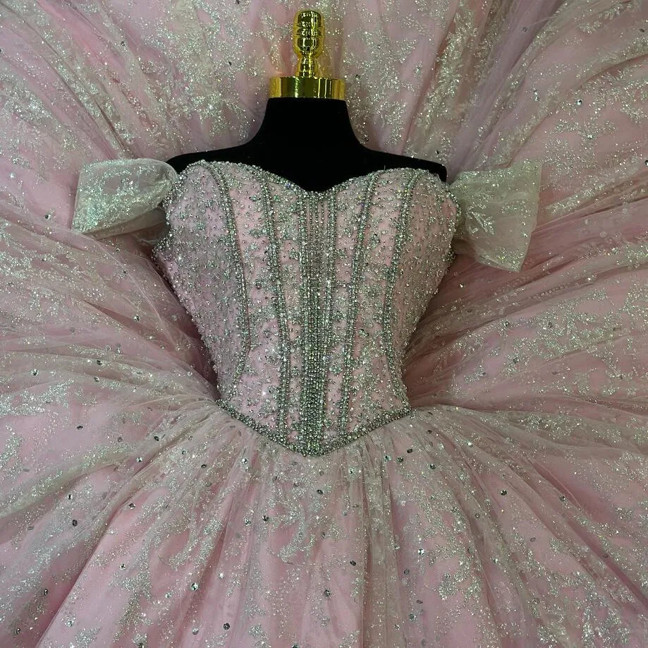Pink Sparkly Diamonds Quinceanera Dresses Off Shoulder Puffy Skirt Big Bow Princess Sweet 15