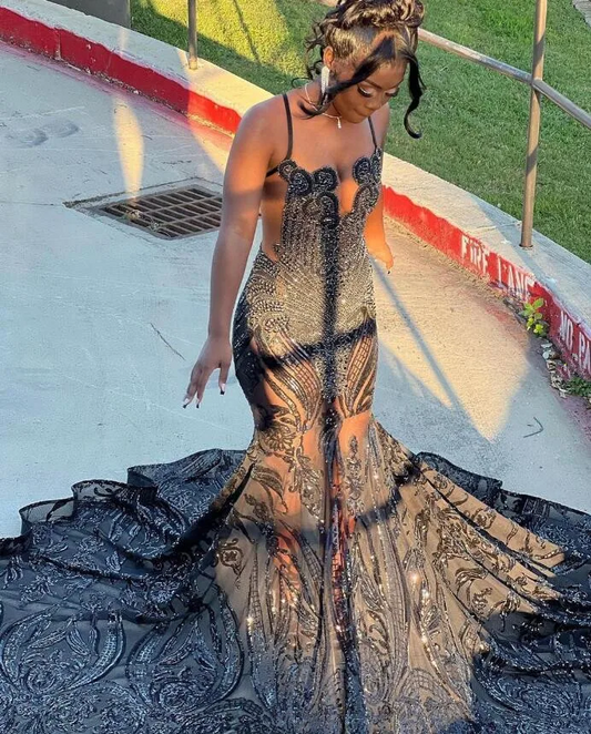 Luxury Trumpet Long Evening Formal Dress for Women Crystal Diamond Applique Black Girl Prom Queen Gown