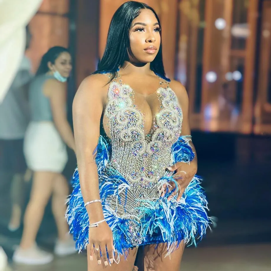 Luxury Short Prom Homecoming Dress Sparkly Diamond Crystal Feather Black Girl Birthday Celebrity Gown