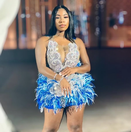 Luxury Short Prom Homecoming Dress Sparkly Diamond Crystal Feather Black Girl Birthday Celebrity Gown