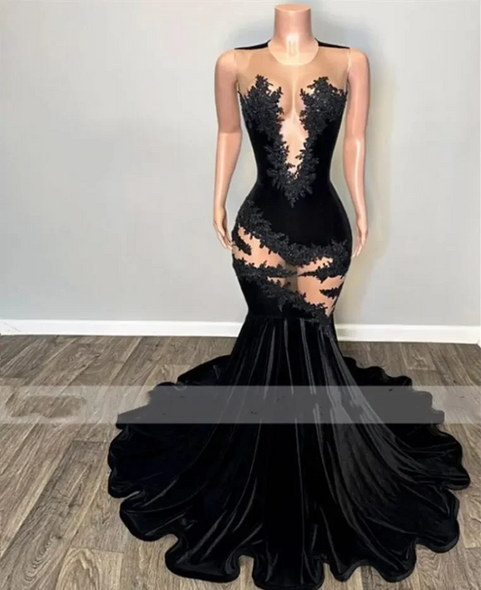 Sexy Black Lace Applique Mermaid Black Girl Prom Dress Velvet Beads Sheer Graduation Formal Party Evening Gowns