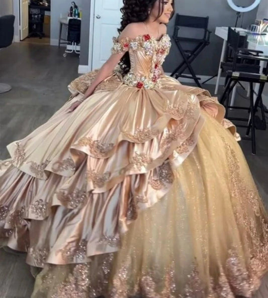 Princess Mexico Champagne Gold Quinceanera Dresses Off The Shoulder Satin Ruffels Ball Gown Sweet 16 Dresses