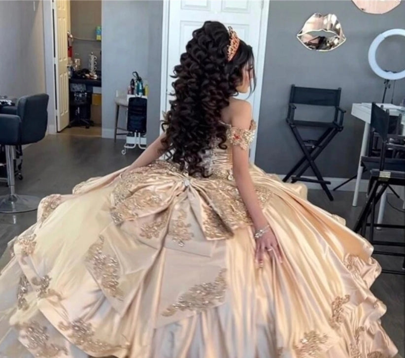 Princess Mexico Champagne Gold Quinceanera Dresses Off The Shoulder Satin Ruffels Ball Gown Sweet 16 Dresses