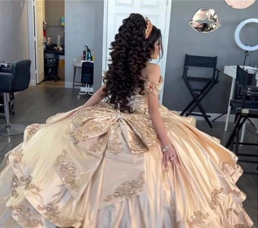 Princess Mexico Champagne Gold Quinceanera Dresses Off The Shoulder Satin Ruffels Ball Gown Sweet 16 Dresses