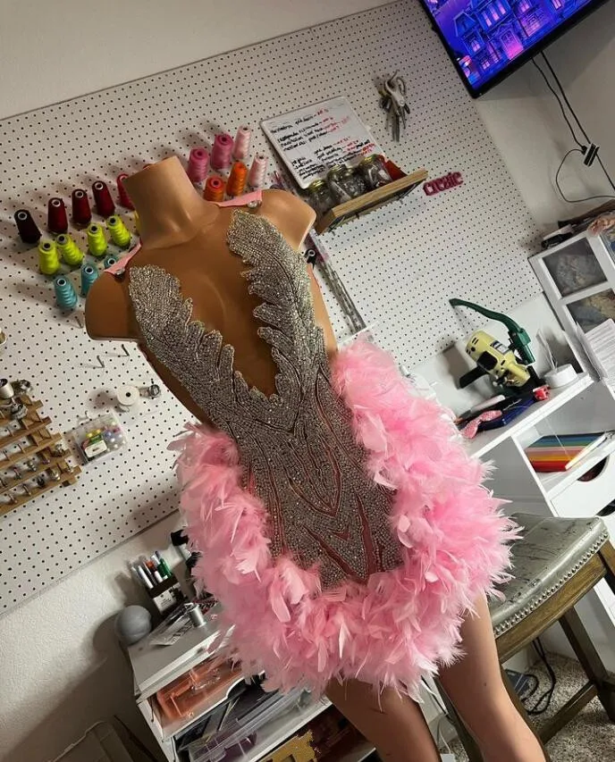 Pink Ostrich Feather Short Prom Homecoming Dresses Luxury Diamond Crystal Birthday Party Gown