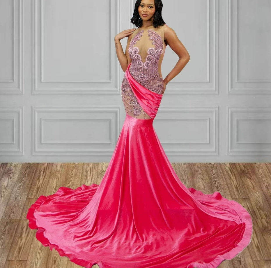 Hot Pink Velvet Rhinestone Luxury Prom Dress For Black Girls African Mermiad Birthday Party Dress Sexy
