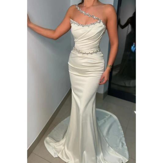 Sexy Strapless Evening Dresses Applique Cut Out Ball Gowns Trumpet Draped Satin Woman's Formal Beach Party