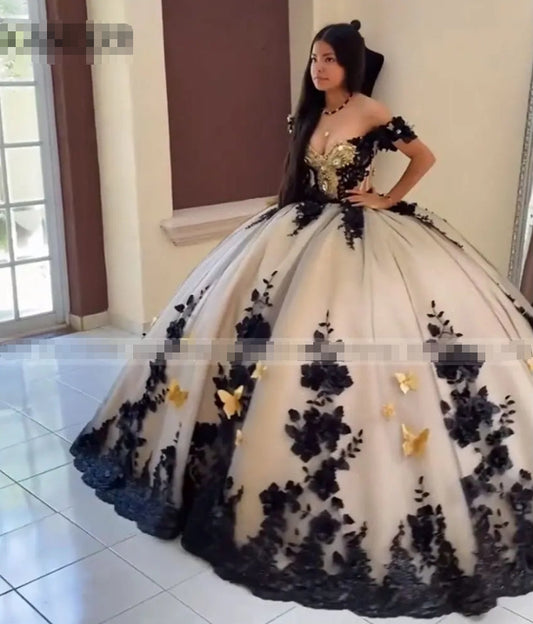 Luxury Black Ball Gown Quinceanera Dress Off Shoulder Long Train Sweet 15 16 Year Birthday Party