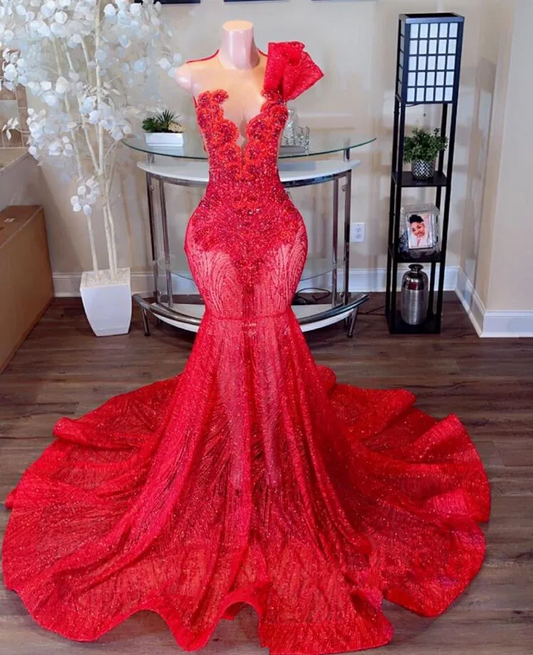 Red Luxury Long Trumpet Evening Formal Dresses for Women Sparkly Crystal Gillter Skirt Prom Gala Gowns