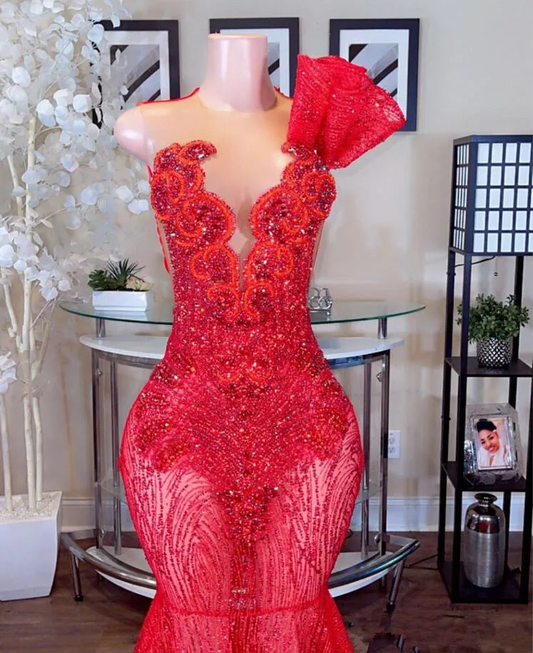 Red Luxury Long Trumpet Evening Formal Dresses for Women Sparkly Crystal Gillter Skirt Prom Gala Gowns