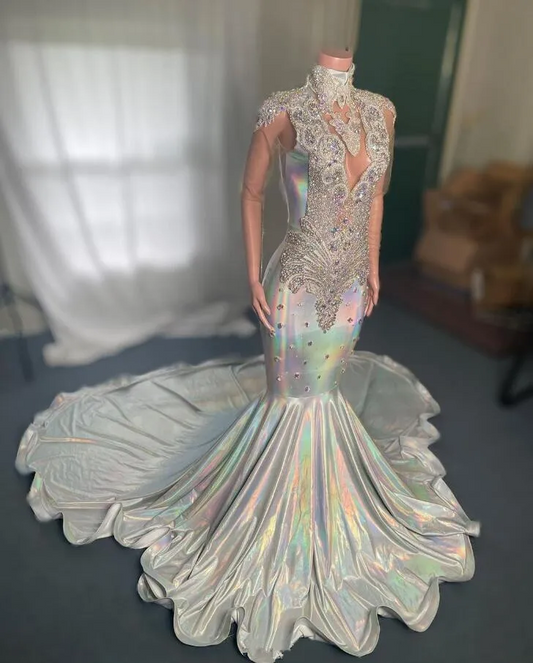 White Sparkly Long Evening Pageant Dresses for Black Girl Luxury Diamond Crystal See Through Prom Gala Birthday Dress