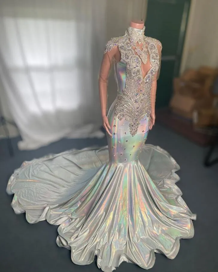 White Sparkly Long Evening Pageant Dresses for Black Girl Luxury Diamond Crystal See Through Prom Gala Birthday Dress