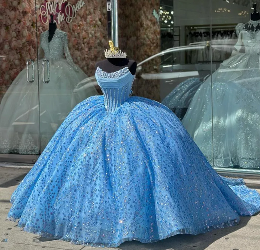 Ice Blue Sparkly Princess Quinceanera Dresses Boning Corset Pearls Beaded Gillter