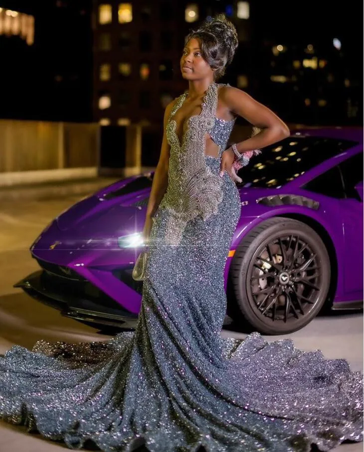 Silver Grey Diamond Mermaid Long Prom Birthday Dresses for Black Girl Sparkly Diamond Velvet Evening Ceremony Gala Dress