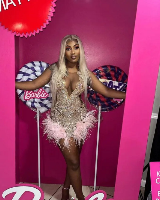 Sparkly Pink Short Prom Homecoming Dresses for Black Girl Diamond Feather Birthday Gala Gown