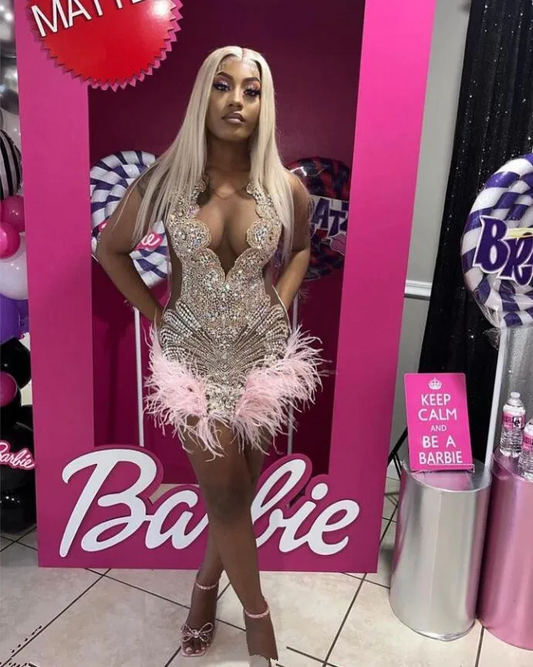 Sparkly Pink Short Prom Homecoming Dresses for Black Girl Diamond Feather Birthday Gala Gown