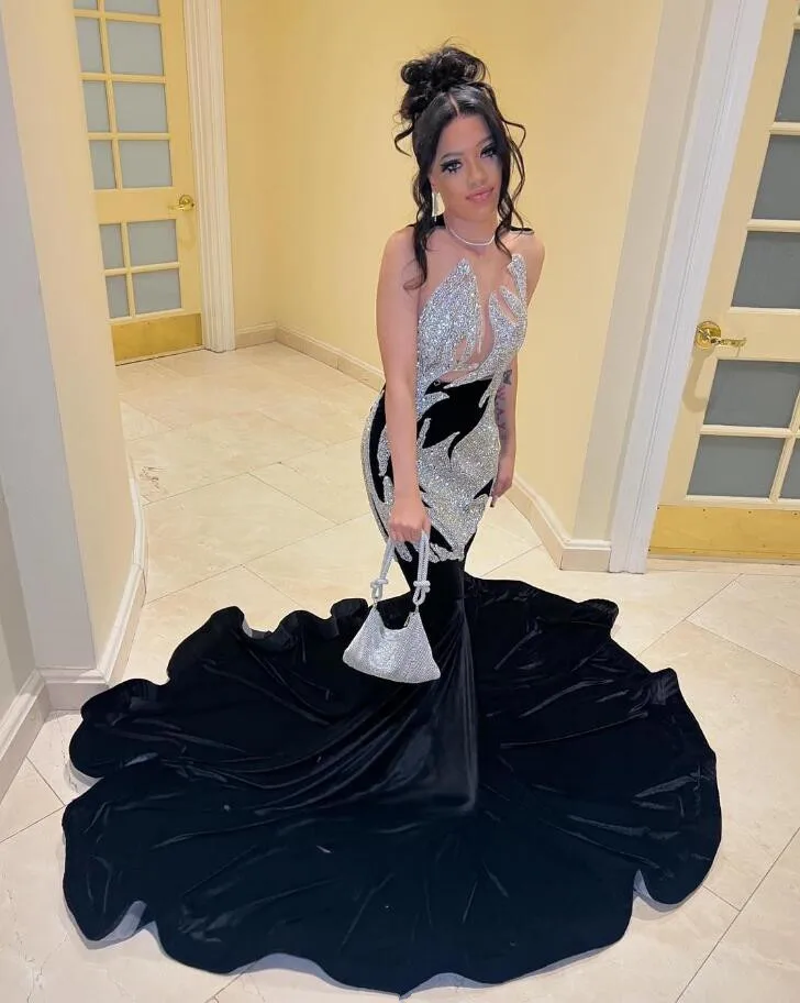 Sparkly Long Mermaid Prom Ceremony Dresses for Black Girl See Through Luxury Diamond Crystal Vevlet Evening Gala Gown