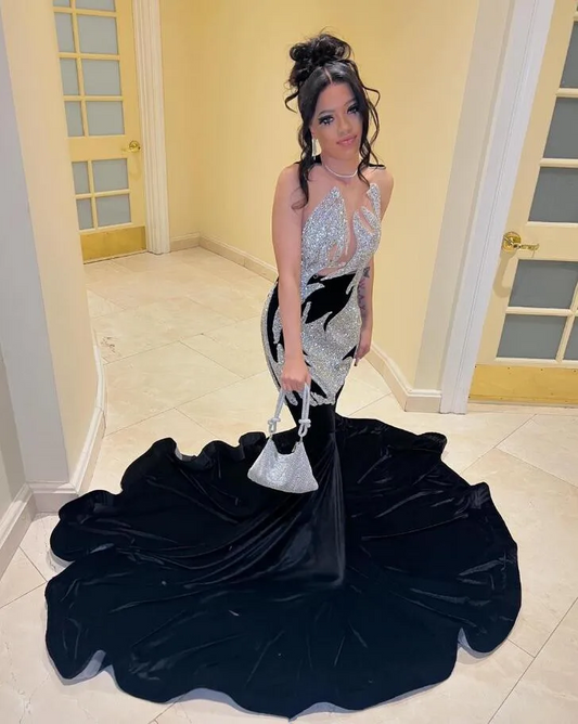 Sparkly Long Mermaid Prom Ceremony Dresses for Black Girl See Through Luxury Diamond Crystal Vevlet Evening Gala Gown