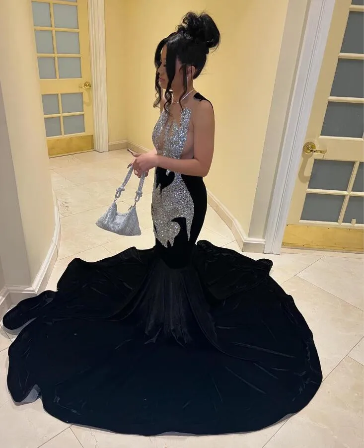 Sparkly Long Mermaid Prom Ceremony Dresses for Black Girl See Through Luxury Diamond Crystal Vevlet Evening Gala Gown