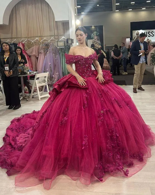 Fuchsia Pink Princess Quinceanera Dresses Off Shoudler Long Sleeve 3D Floral Crystal