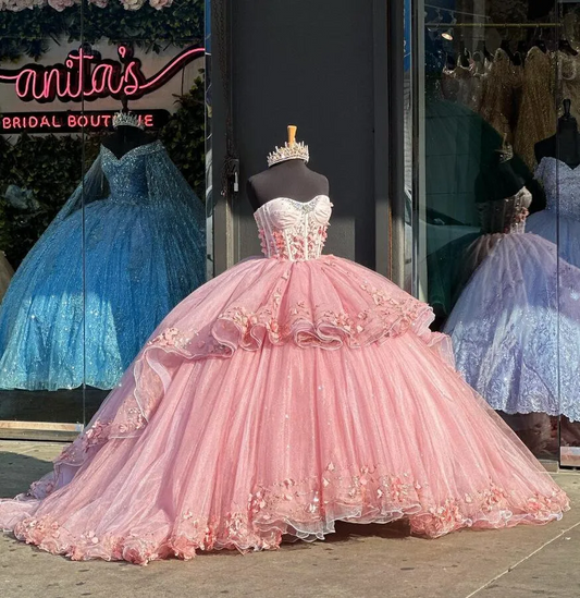 Blush Pink Princess Quinceanera Dresses 3D Floral Butterfly Corset Sweet 15 Prom Gown