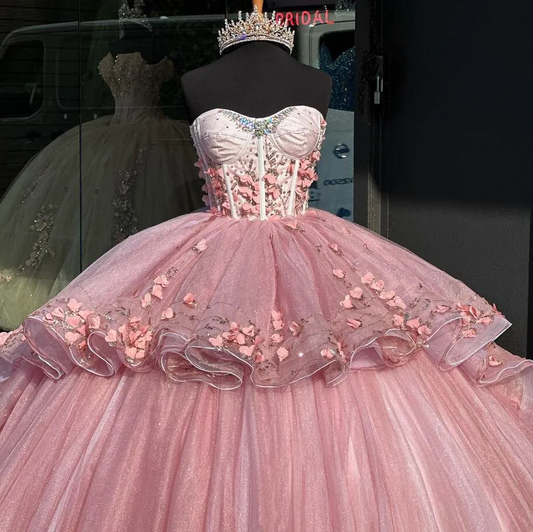 Blush Pink Princess Quinceanera Dresses 3D Floral Butterfly Corset Sweet 15 Prom Gown