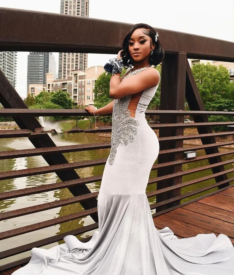 Silver Diamond Long Prom Formal Dresses for Women Sparkly Black Girl Crystal Mermaid Evening Gala Party Gowns