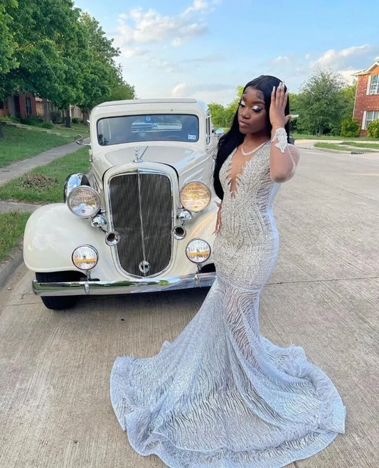 Silver Diamond Sparkly Mermaid Prom Formal Dresses for Black Girl Luxury Diamond Gillter Evening Gown