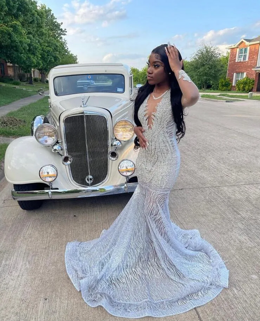 Silver Diamond Sparkly Mermaid Prom Formal Dresses for Black Girl Luxury Diamond Gillter Evening Gown