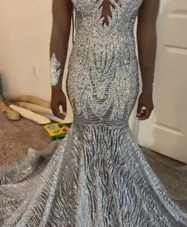 Silver Diamond Sparkly Mermaid Prom Formal Dresses for Black Girl Luxury Diamond Gillter Evening Gown